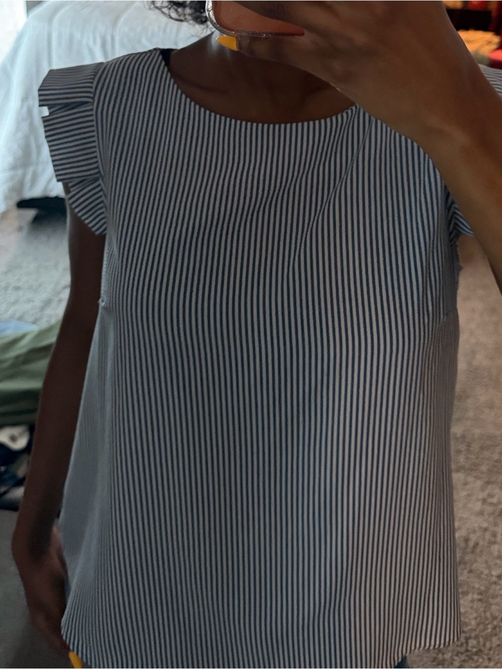 Striped Navy and White Ruffle Sleeve Women's Top